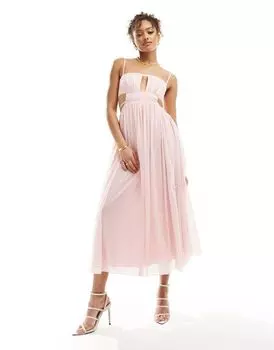 Пастельно-розовое платье миди с корсетом и вырезом ASOS DESIGN