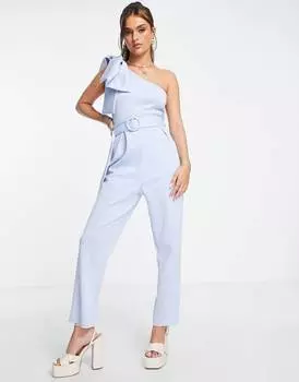 Пастельный синий комбинезон на одно плечо с поясом и бантом ASOS DESIGN