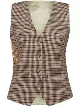 PAULA жилет в ломаную клетку с вышивкой, коричневый