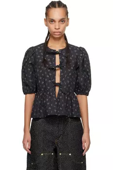 Печатная хлопковая блузка с баской Ganni, цвет phantom