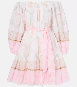 Печатное хлопковое мини-платье с открытыми плечами Juliet Dunn, White/Pink Grapefruit