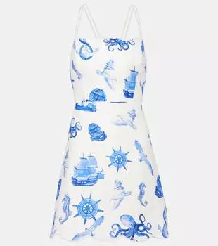 Печатное льняное мини-платье Farm Rio, Nautical Wonder Blue