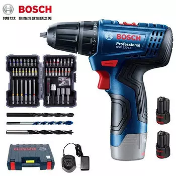 Дрель электрическая Bosch GSR 120-Li + насадки, сверла, два аккумулятора, зарядное устройство