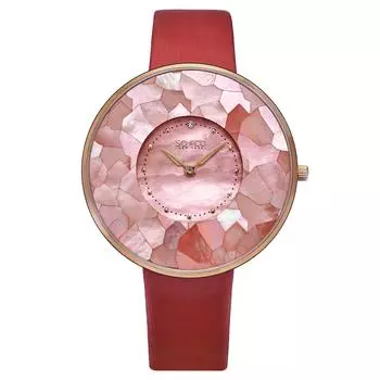 Перламутровый циферблат с мозаикой — 38 мм — золотистый тон и хрустальные акценты — ультратонкие кварцевые часы, ремешок из натуральной кожи — модель 5274 SO&CO, красный