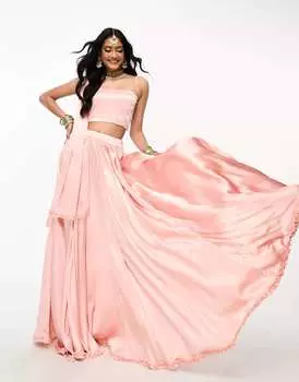 Персиковая расклешенная юбка и шарф с оборками Kanya London Bridesmaid Lehenga