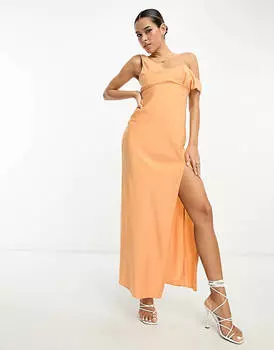 Персиковое атласное платье макси с капюшоном и приспущенными плечами ASOS DESIGN