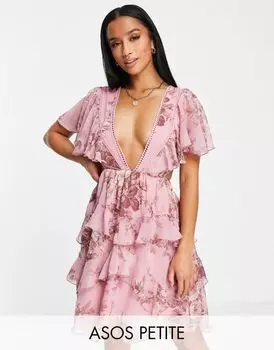 Персиковое цветочное платье мини с кружевной вставкой и открытой спиной ASOS DESIGN Petite
