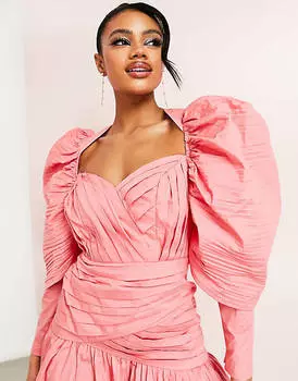 Персиковое хлопковое мини-платье с объемными рукавами ASOS LUXE