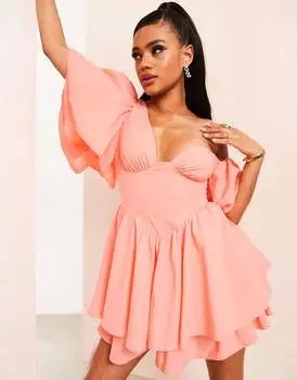 Персиковое хлопковое платье с открытыми плечами, корсетом и оборками ASOS LUXE