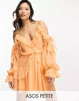 Персиковое мини-платье с запахом, завязками, оборками и заклепками ASOS DESIGN Petite
