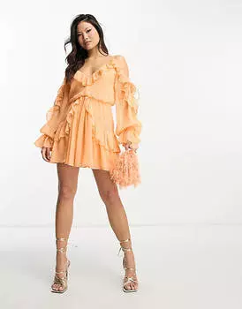 Персиковое платье мини с оборками и запахом ASOS DESIGN Petite