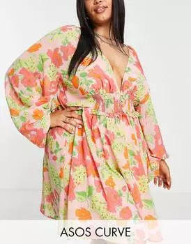 Персиковое платье мини с присборенной талией ASOS DESIGN Curve
