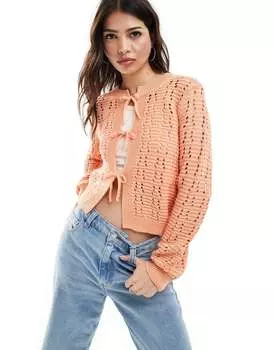 Персиковый кардиган ажурной вязки с кружевом ASOS DESIGN