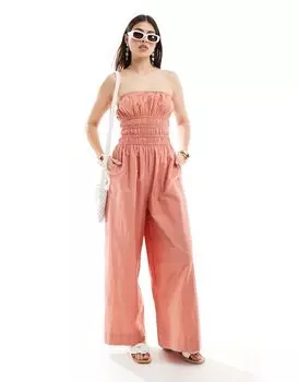 Персиковый комбинезон с широким лифом и присборенным лифом ASOS DESIGN