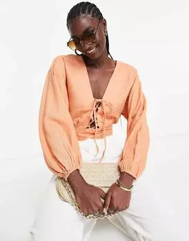 Персиковый льняной топ со шнуровкой спереди и объемными рукавами ASOS DESIGN