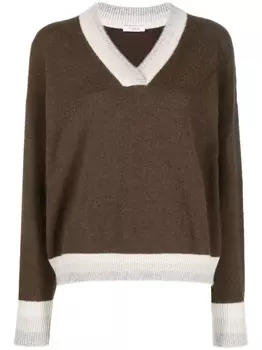 Peserico джемпер с V-образным вырезом и контрастной отделкой, коричневый