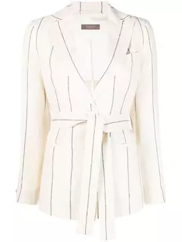 Peserico льняной блейзер в полоску с поясом, серый