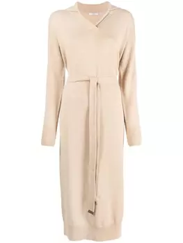 Peserico трикотажное платье с длинными рукавами и поясом, нейтральный цвет