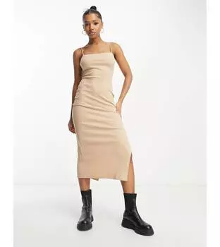 Песочное платье миди на бретельках с разрезами Miss Selfridge