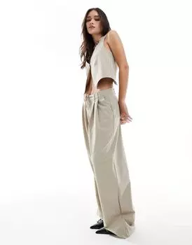 Песочные брюки в тонкую полоску с завязками на талии Pull&Bear — часть комплекта