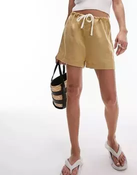 Песочные льняные шорты с завышенной талией и кулиской Topshop