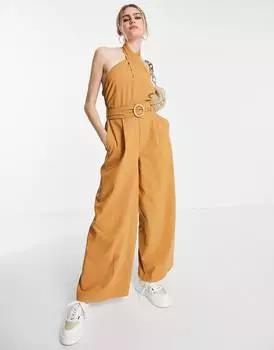 Песочный комбинезон с перекрестным вырезом и плетеным поясом ASOS DESIGN