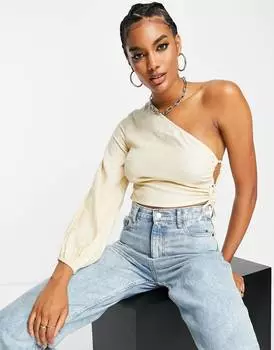 Песочный льняной топ на одно плечо с объемными рукавами и вырезами ASOS DESIGN