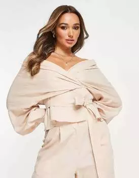 Песочный льняной топ с открытыми плечами и поясом ASOS