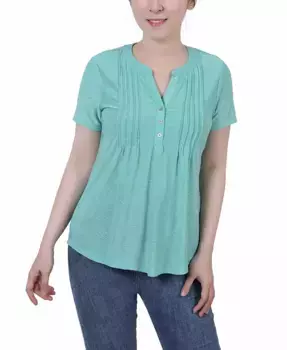 Петит топ с коротким рукавом и V-образным вырезом в жаккардовой вязке NY Collection, зеленый