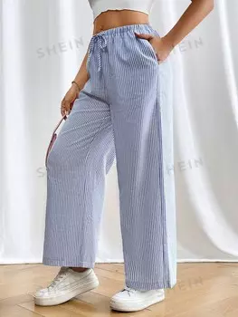 PETITE Брюки в полоску и с рисунком, кулиска на талии, длинные, с карманом Shein, синий/белый