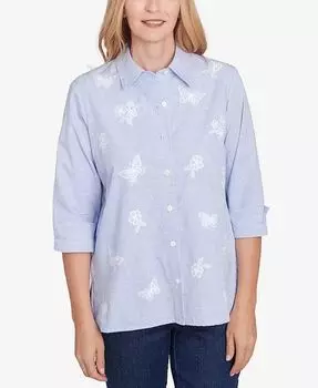 Petite Classics Полосатый тканый топ с бабочкой на пуговицах Alfred Dunner, синий