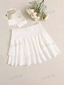PETITE Юбка, присборенная талия, многослойный низ, короткая, летняя Shein, белый