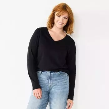 Petite Sonoma Goods For Life Повседневный топ с длинными рукавами и V-образным вырезом Sonoma Goods For Life, черный