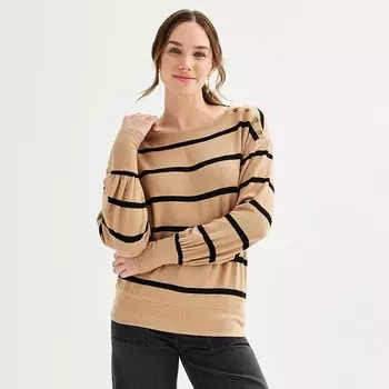 Petite Sonoma Goods For Life Уютный пуловер на пуговицах с вырезом «лодочкой», цвет Medium Brown Stripe