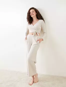 PETITE Женский пижамный комплект с двубортным воротником и узором с длинным рукавом LCW Dream