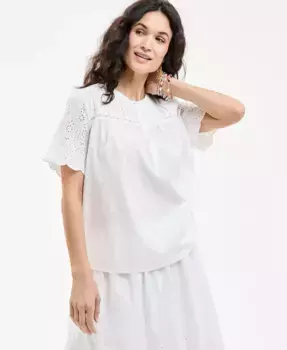 Петитная хлопковая блузка с коротким рукавом, вышивкой и плиссированной кокеткой Style & Co, белый