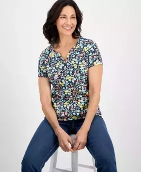 Петитная вязаная рубашка с коротким рукавом Henley Style & Co, синий