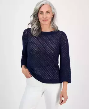 Петитный хлопковый джемпер с ажурной вязкой и рукавом 3/4 Style & Co, синий
