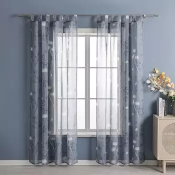 Петли для штор Joyswahl, современная штора-вуаль (1 шт.) с ботаническим узором, прозрачная, для спальни, гостиной, серая, В x Ш 145 x 140 см, серый