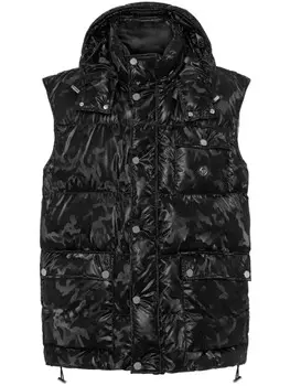 Philipp Plein дутый жилет с капюшоном и камуфляжным принтом, черный