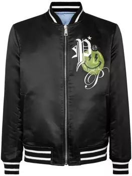 Philipp Plein двусторонний атласный бомбер с логотипом, синий