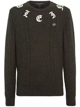 Philipp Plein джемпер с косичной вязкой и логотипом-аппликацией, зеленый