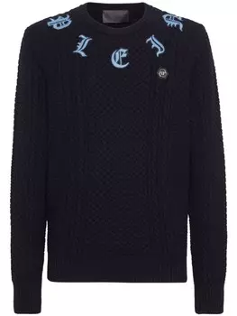 Philipp Plein джемпер с вышитым логотипом и косичной вязкой, синий