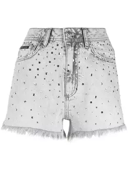 Philipp Plein джинсовые шорты с бахромой и кристаллами, серый
