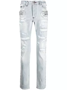 Philipp Plein джинсы с эффектом потертости и заклепками, синий