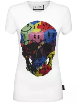 Philipp Plein футболка с декором Skull и стразами, белый