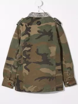 Philipp Plein Junior рубашка с камуфляжным принтом и стразами, зеленый