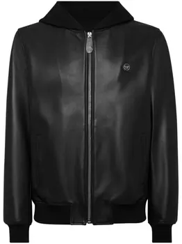 Philipp Plein кожаная куртка с капюшоном, черный