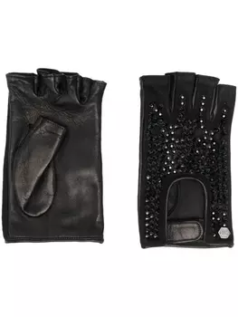Philipp Plein кожаные перчатки с кристаллами, черный
