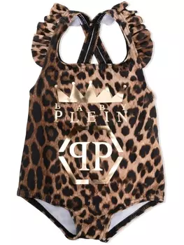 Philipp Plein купальник с леопардовым принтом и логотипом, коричневый